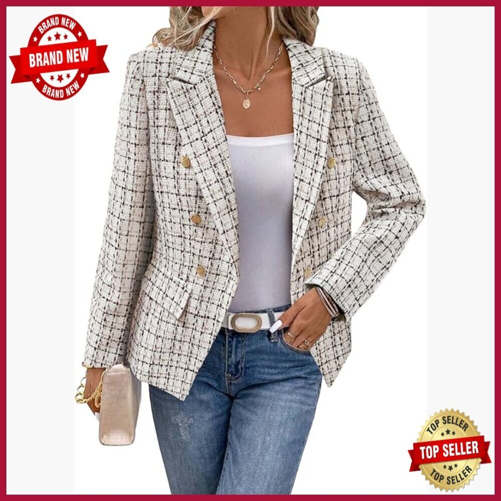 Double-Breasted Tweed Blazer Slim Fit Fully Lined Petite Work Casual